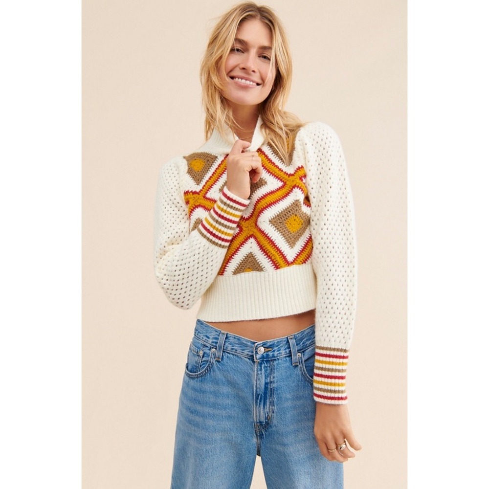 Glamorous Granny Square Crochet Sweater XS Retro Whimsical Artsy Cottagecore